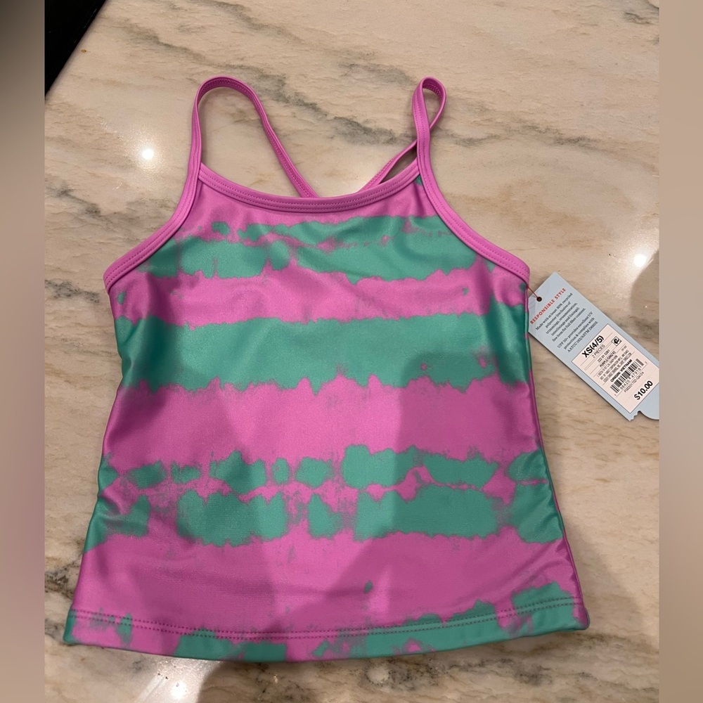 NWT Size XS 4/5 Pink and Green Kids Tankini Swim Top
